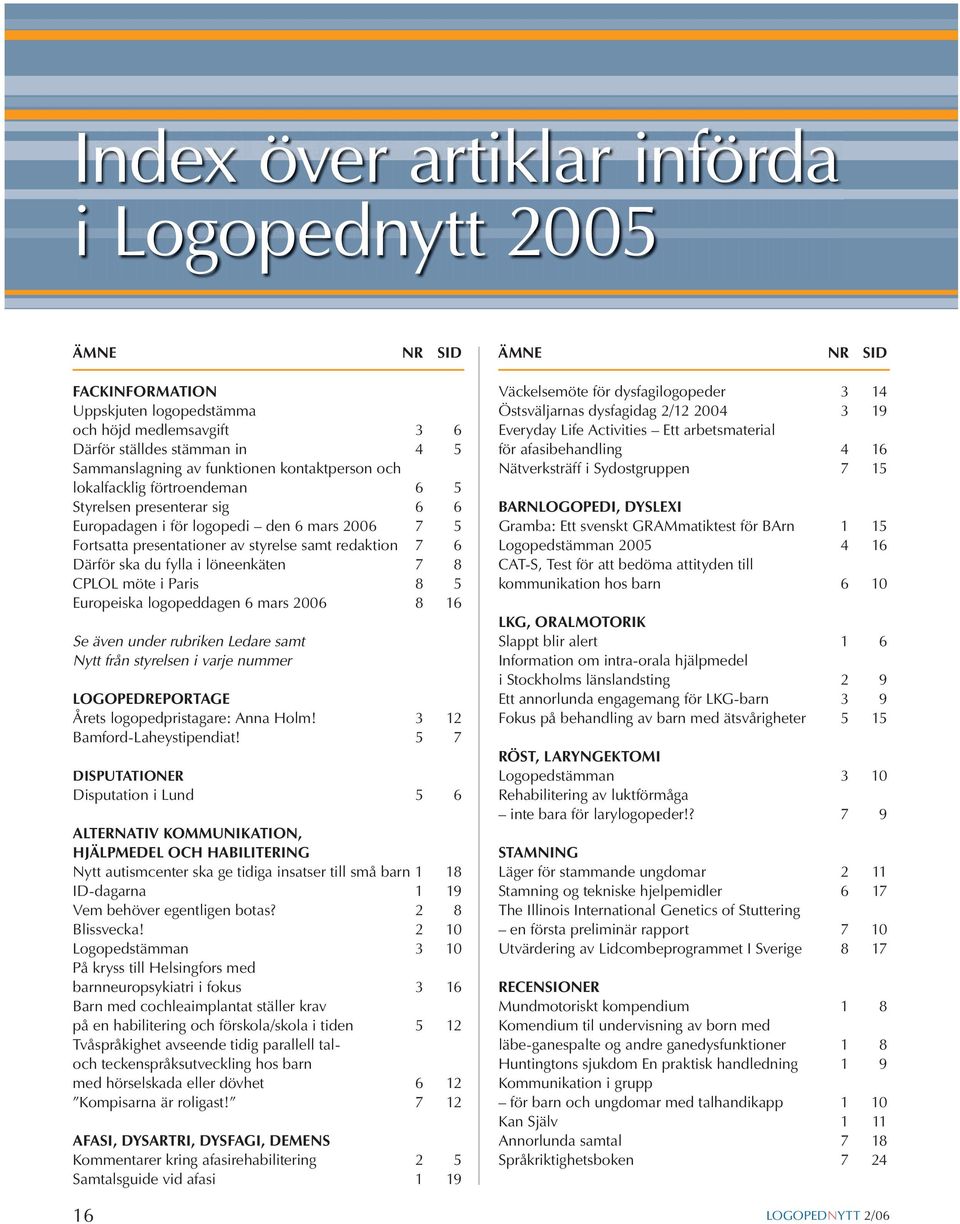 fylla i löneenkäten 7 8 CPLOL möte i Paris 8 5 Europeiska logopeddagen 6 mars 2006 8 16 Se även under rubriken Ledare samt Nytt från styrelsen i varje nummer LOGOPEDREPORTAGE Årets logopedpristagare: