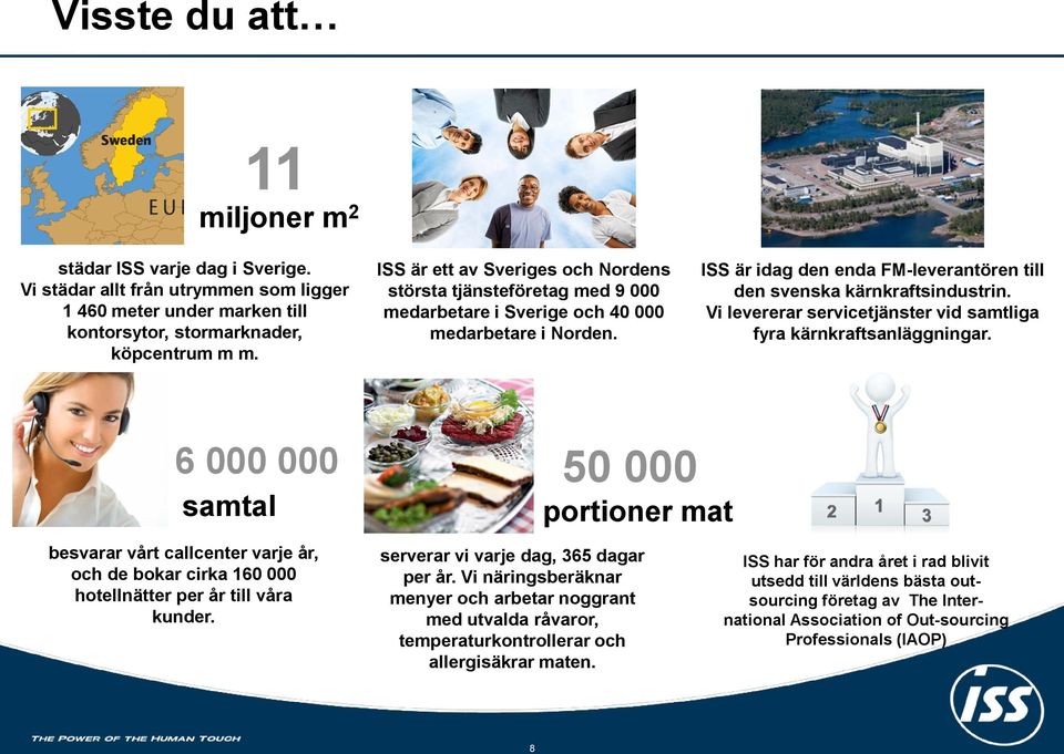 Vi levererar servicetjänster vid samtliga fyra kärnkraftsanläggningar. 6 000 000 samtal besvarar vårt callcenter varje år, och de bokar cirka 160 000 hotellnätter per år till våra kunder.