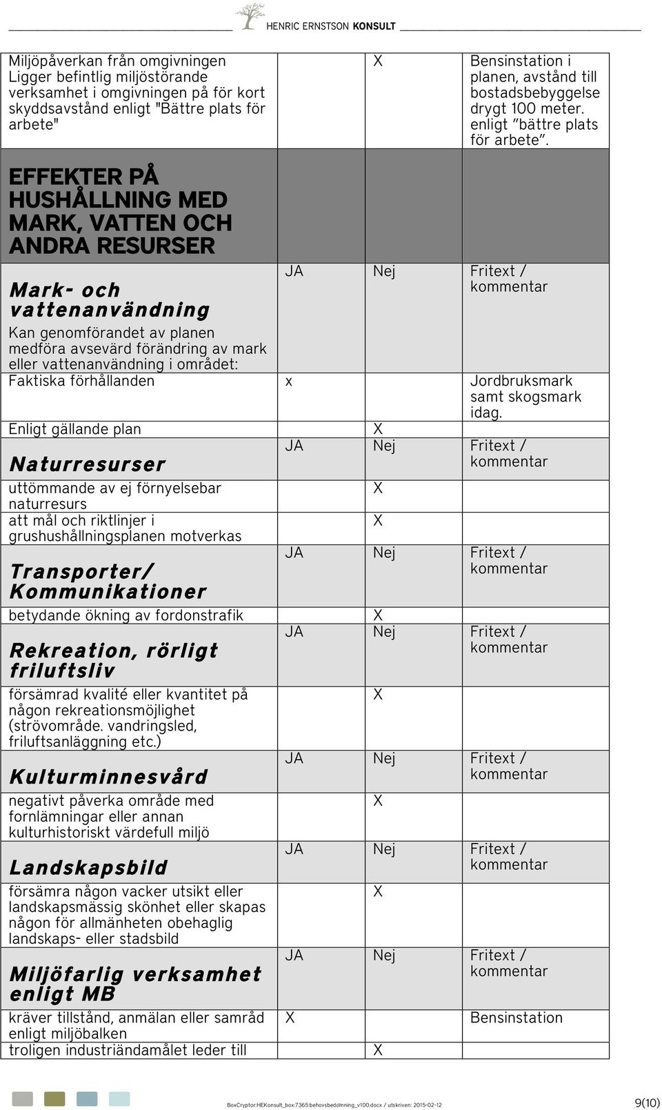 EFFEKTER PÅ HUSHÅLLNING MED MARK, VATTEN OCH ANDRA RESURSER Mark- och vattenanvändning Kan genomförandet av planen medföra avsevärd förändring av mark eller vattenanvändning i området: Faktiska