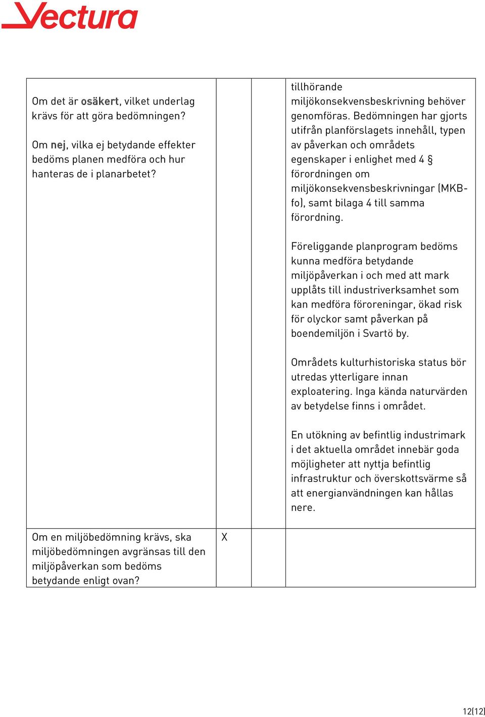 Bedömningen har gjorts utifrån planförslagets innehåll, typen av påverkan och områdets egenskaper i enlighet med 4 förordningen om miljökonsekvensbeskrivningar (MKBfo), samt bilaga 4 till samma