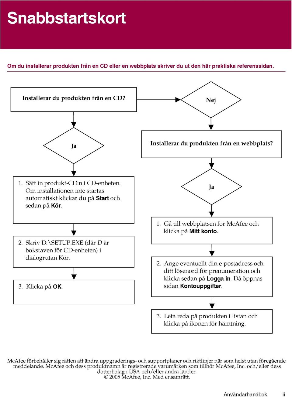 Gå till webbplatsen för McAfee och klicka på Mitt konto. 2. Skriv D:\SETUP.EXE (där D är bokstaven för CD-enheten) i dialogrutan Kör. 3. Klicka på OK. 2. Ange eventuellt din e-postadress och ditt lösenord för prenumeration och klicka sedan på Logga in.