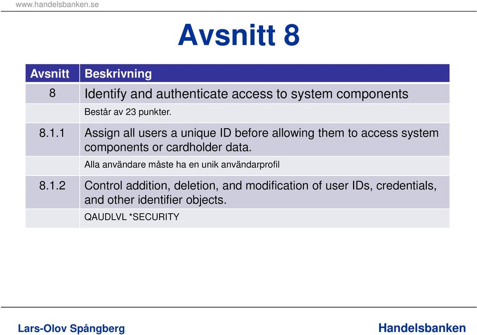 cardholder data. Alla användare måste ha en unik användarprofil 8.1.