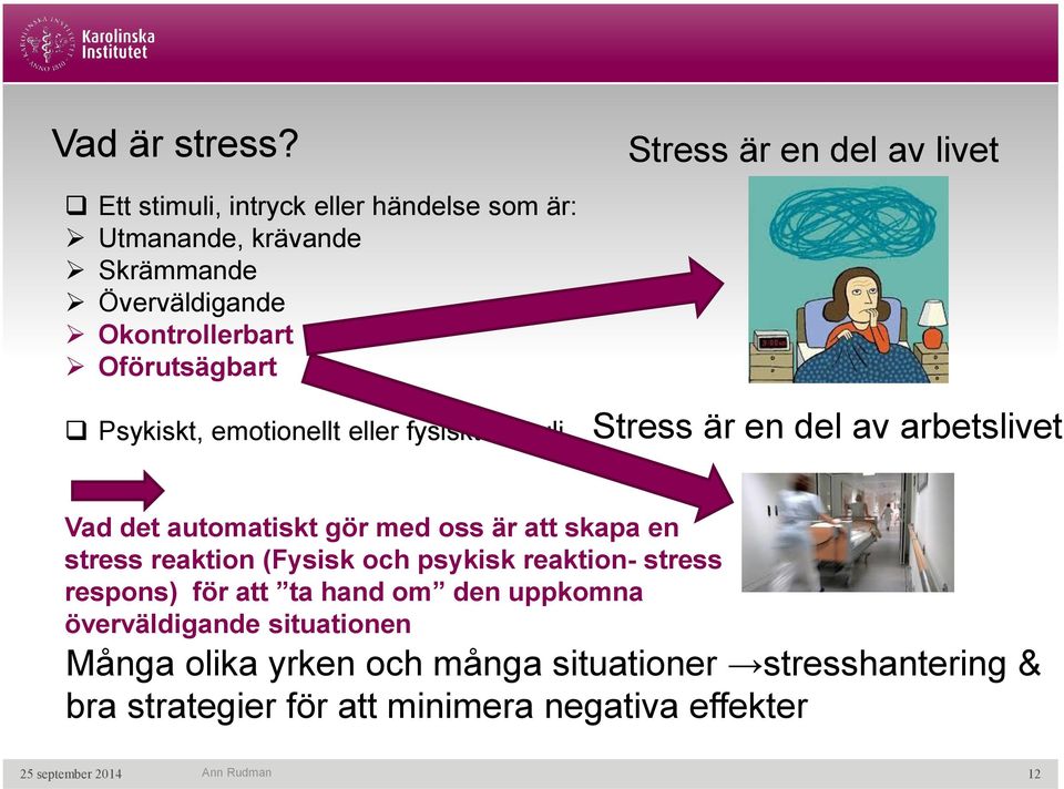 Oförutsägbart Psykiskt, emotionellt eller fysiskt stimuli Stress är en del av arbetslivet Vad det automatiskt gör med oss är att