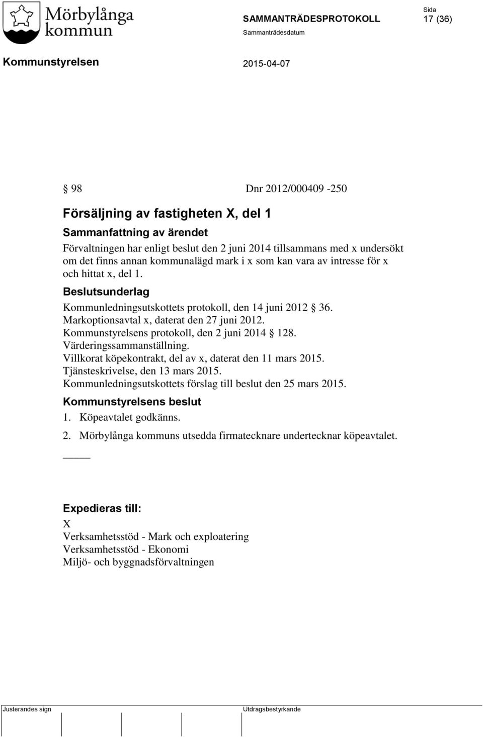 Värderingssammanställning. Villkorat köpekontrakt, del av x, daterat den 11 mars 2015. Tjänsteskrivelse, den 13 mars 2015. Kommunledningsutskottets förslag till beslut den 25 mars 2015.