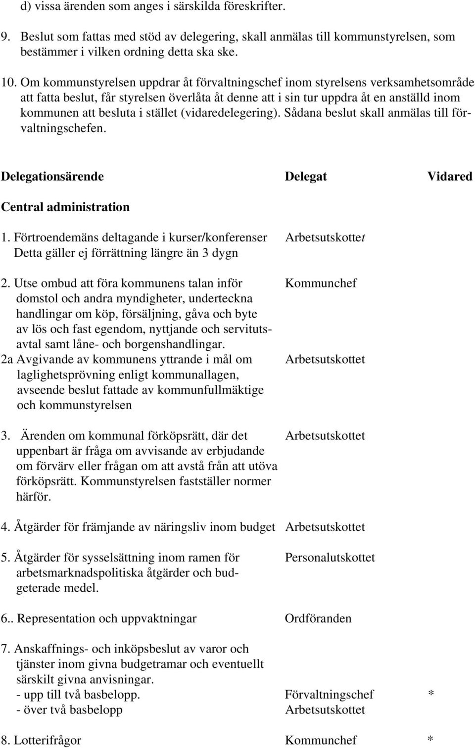 stället (vidaredelegering). Sådana beslut skall anmälas till förvaltningschefen. Delegationsärende Delegat Vidared Central administration 1.