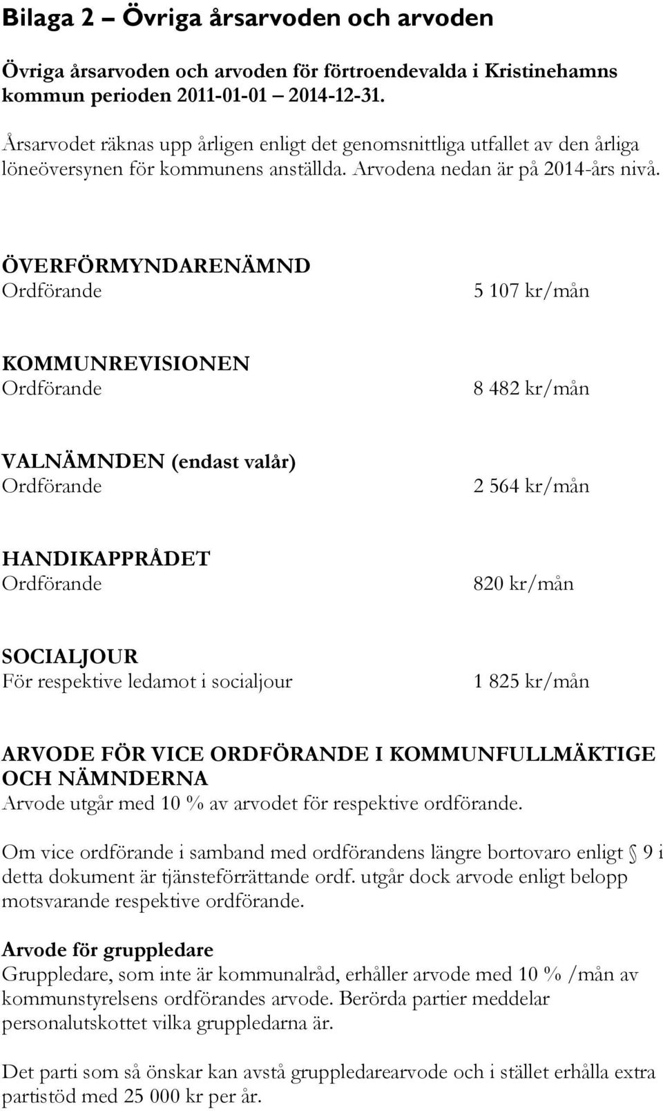 ÖVERFÖRMYNDARENÄMND Ordförande 5 107 kr/mån KOMMUNREVISIONEN Ordförande 8 482 kr/mån VALNÄMNDEN (endast valår) Ordförande 2 564 kr/mån HANDIKAPPRÅDET Ordförande 820 kr/mån SOCIALJOUR För respektive