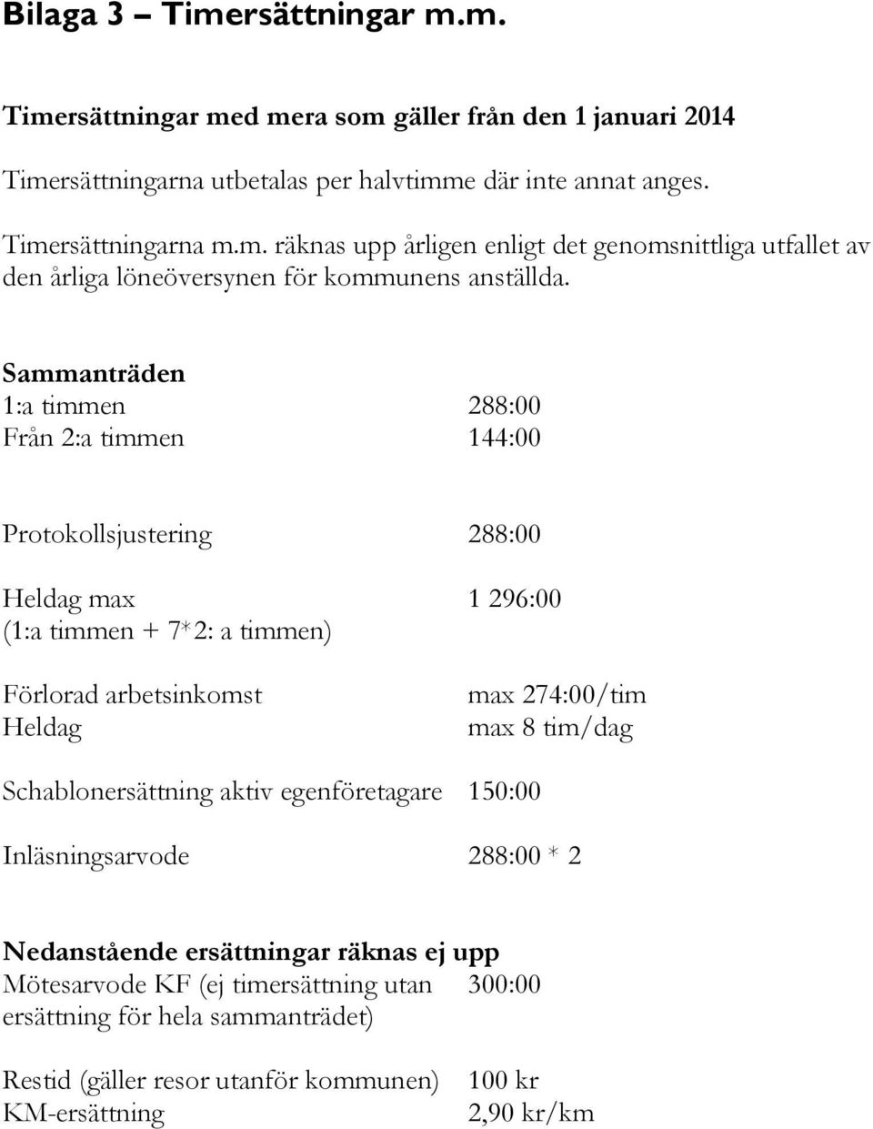 tim/dag Schablonersättning aktiv egenföretagare 150:00 Inläsningsarvode 288:00 * 2 Nedanstående ersättningar räknas ej upp Mötesarvode KF (ej timersättning utan 300:00 ersättning för