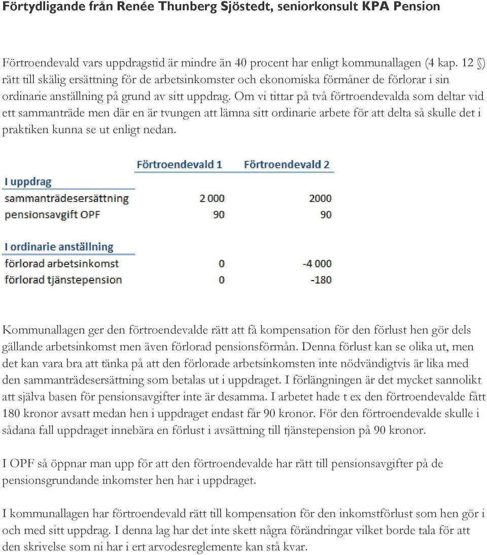 Om vi tittar på två förtroendevalda som deltar vid ett sammanträde men där en är tvungen att lämna sitt ordinarie arbete för att delta så skulle det i praktiken kunna se ut enligt nedan.