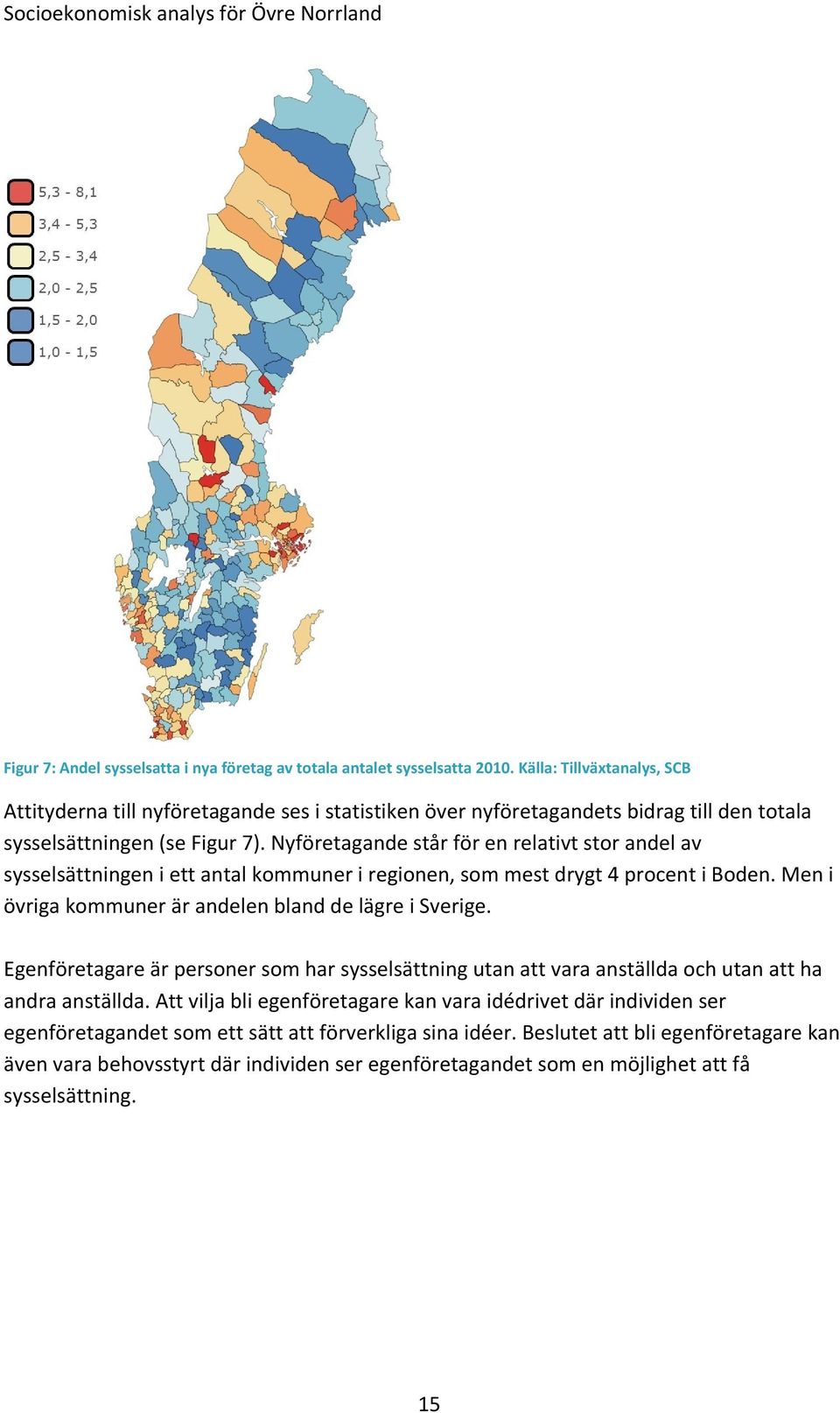 Nyföretagande står för en relativt stor andel av sysselsättningen i ett antal kommuner i regionen, som mest drygt 4 procent i Boden. Men i övriga kommuner är andelen bland de lägre i Sverige.