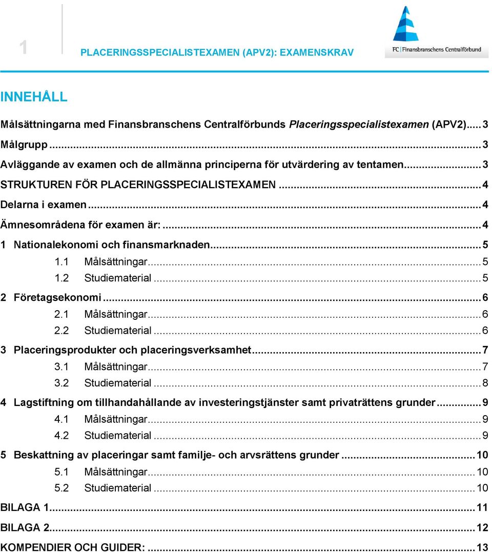 .. 4 1 Nationalekonomi och finansmarknaden... 5 1.1 Målsättningar... 5 1.2 Studiematerial... 5 2 Företagsekonomi... 6 2.1 Målsättningar... 6 2.2 Studiematerial... 6 3 Placeringsprodukter och placeringsverksamhet.