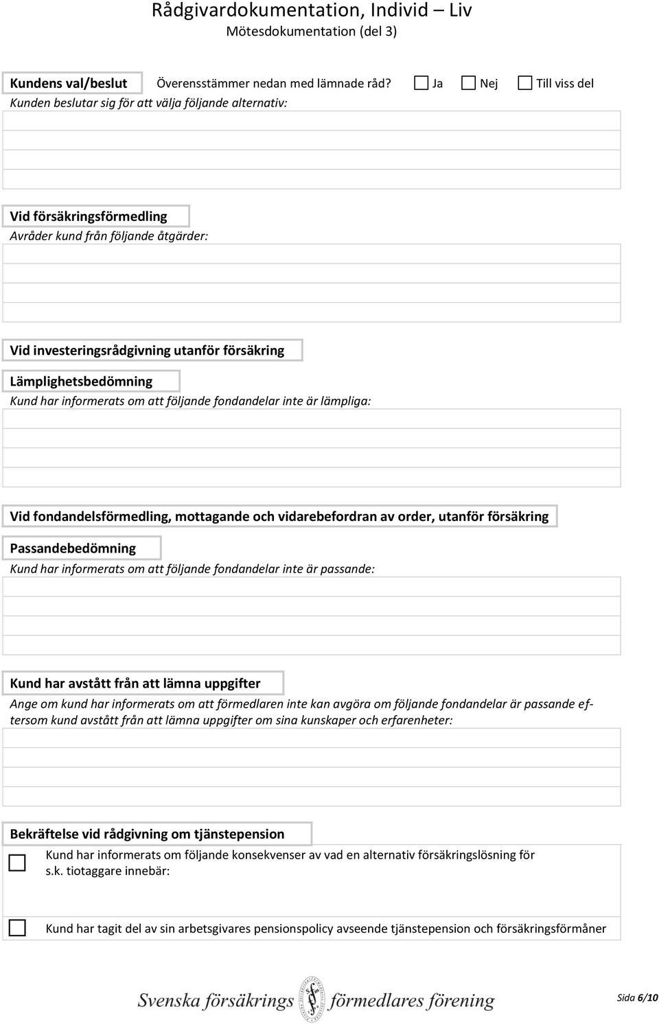 Lämplighetsbedömning Kund har informerats om att följande fondandelar inte är lämpliga: Vid fondandelsförmedling, mottagande och vidarebefordran av order, utanför försäkring Passandebedömning Kund