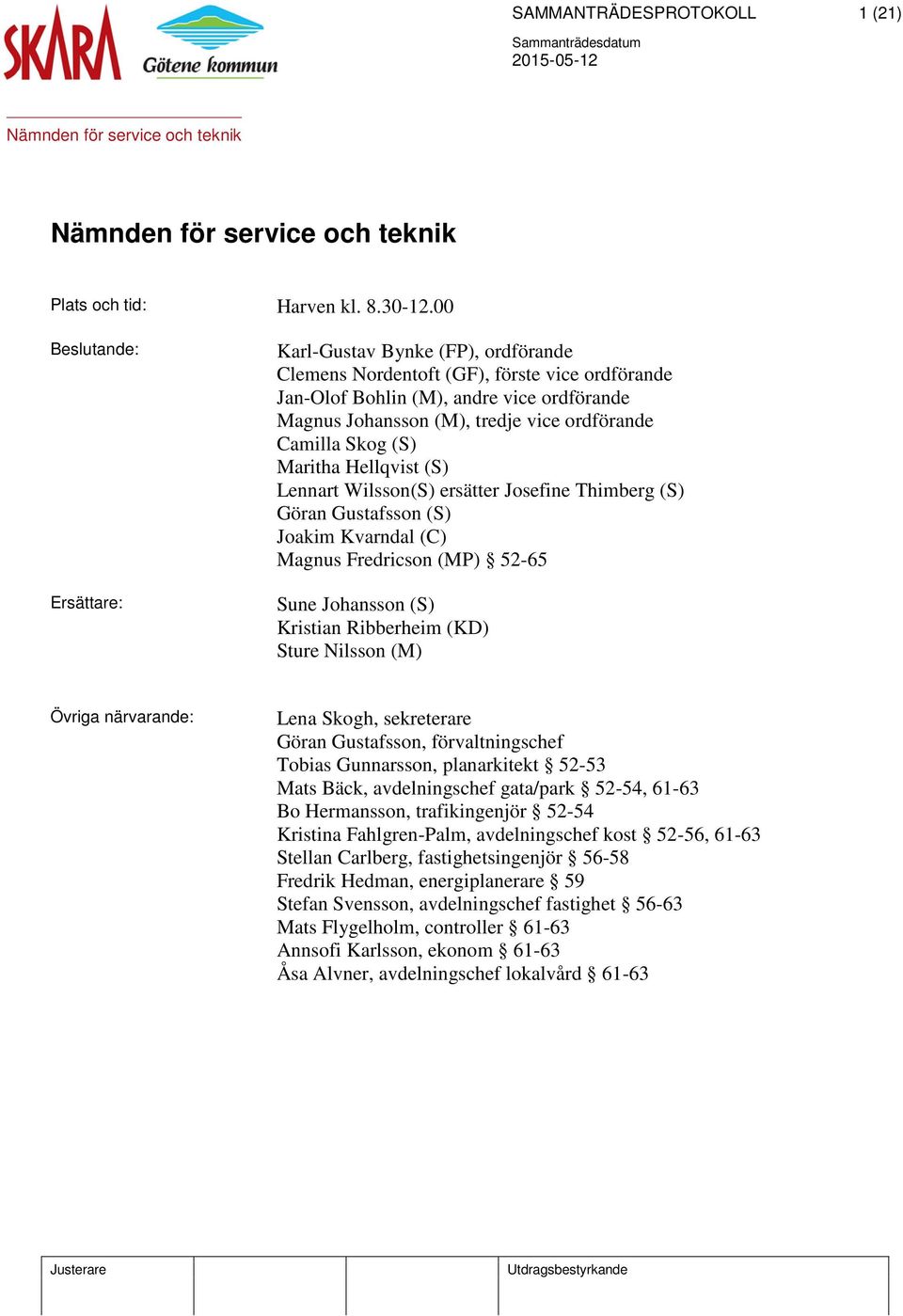 Camilla Skog (S) Maritha Hellqvist (S) Lennart Wilsson(S) ersätter Josefine Thimberg (S) Göran Gustafsson (S) Joakim Kvarndal (C) Magnus Fredricson (MP) 52-65 Sune Johansson (S) Kristian Ribberheim