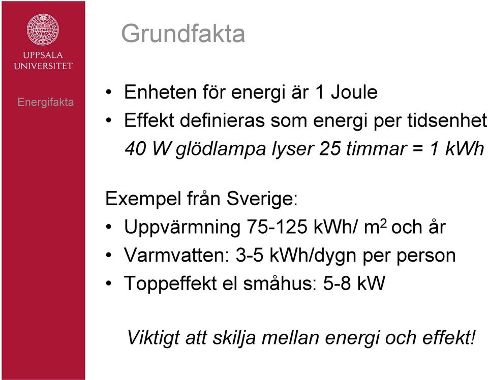 Sverige: Uppvärmning 75-125 kwh/ m 2 och år Varmvatten: 3-5 kwh/dygn per