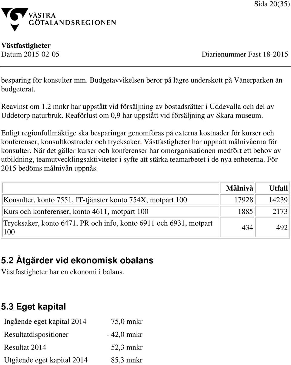 Enligt regionfullmäktige ska besparingar genomföras på externa kostnader för kurser och konferenser, konsultkostnader och trycksaker. har uppnått målnivåerna för konsulter.