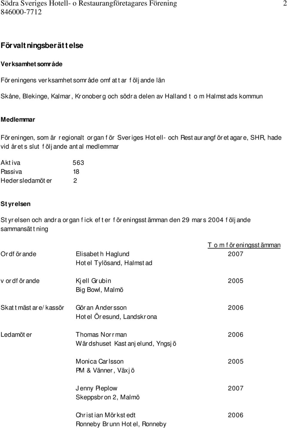 Passiva 18 Hedersledamöter 2 Styrelsen Styrelsen och andra organ fick efter föreningsstämman den 29 mars 2004 följande sammansättning T o m föreningsstämman Ordförande Elisabeth Haglund 2007 Hotel