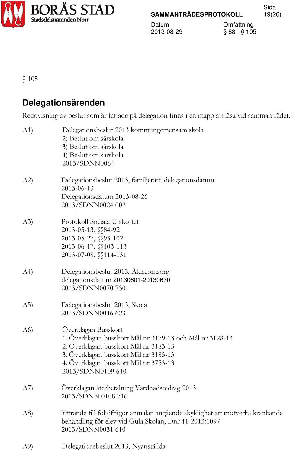 2013-08-26 2013/SDNN0024 002 A3) Protokoll Sociala Utskottet 2013-05-13, 84-92 2013-05-27, 93-102 2013-06-17, 103-113 2013-07-08, 114-131 A4) Delegationsbeslut 2013, Äldreomsorg delegationsdatum