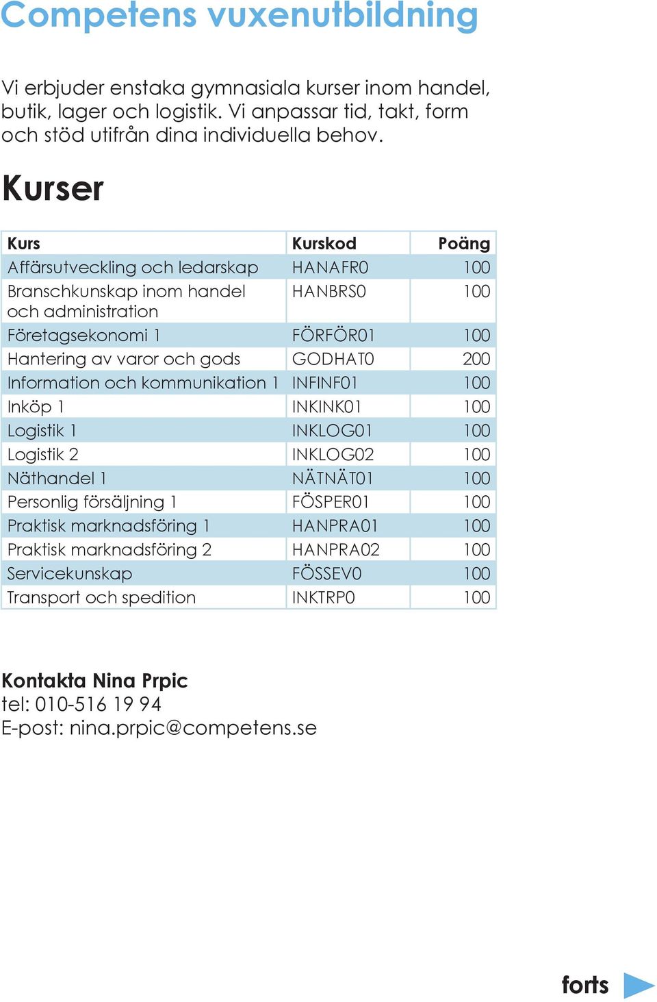 GODHAT0 200 Information och kommunikation 1 INFINF01 100 Inköp 1 INKINK01 100 Logistik 1 INKLOG01 100 Logistik 2 INKLOG02 100 Näthandel 1 NÄTNÄT01 100 Personlig försäljning 1 FÖSPER01 100