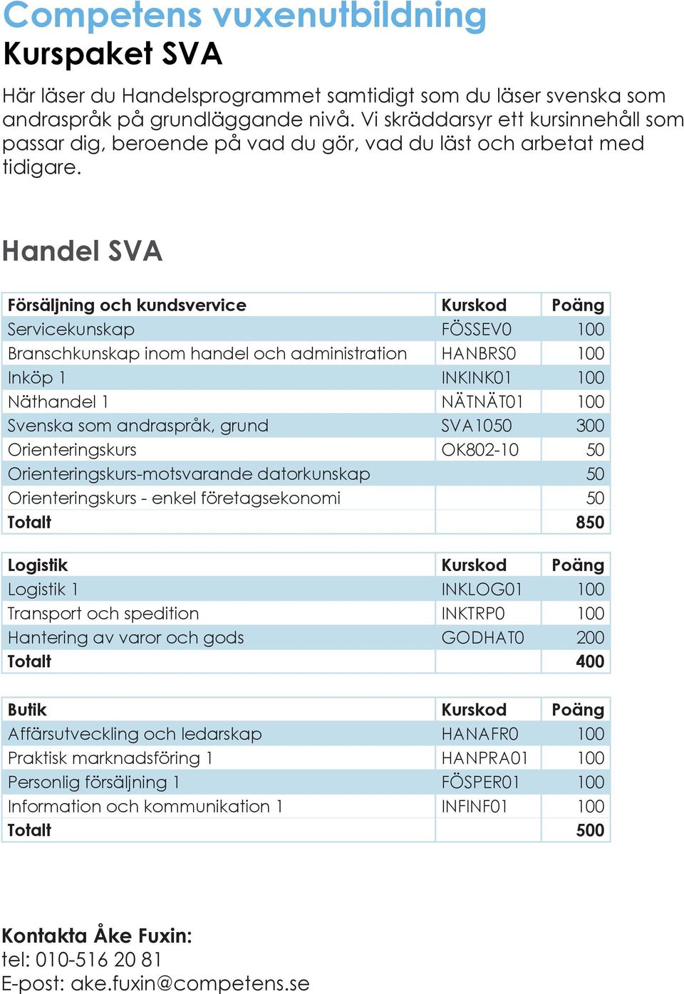 Handel SVA Försäljning och kundsvervice Kurskod Poäng Servicekunskap FÖSSEV0 100 Branschkunskap inom handel och administration HANBRS0 100 Inköp 1 INKINK01 100 Näthandel 1 NÄTNÄT01 100 Svenska som