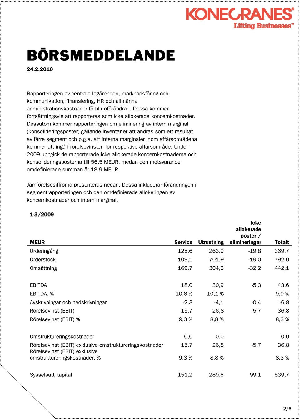 Dessutom kommer rapporteringen om eliminering av intern marginal (konsolideringsposter) gällande inventarier att ändras som ett resultat av färre segment och p.g.a. att interna marginaler inom affärsområdena kommer att ingå i rörelsevinsten för respektive affärsområde.