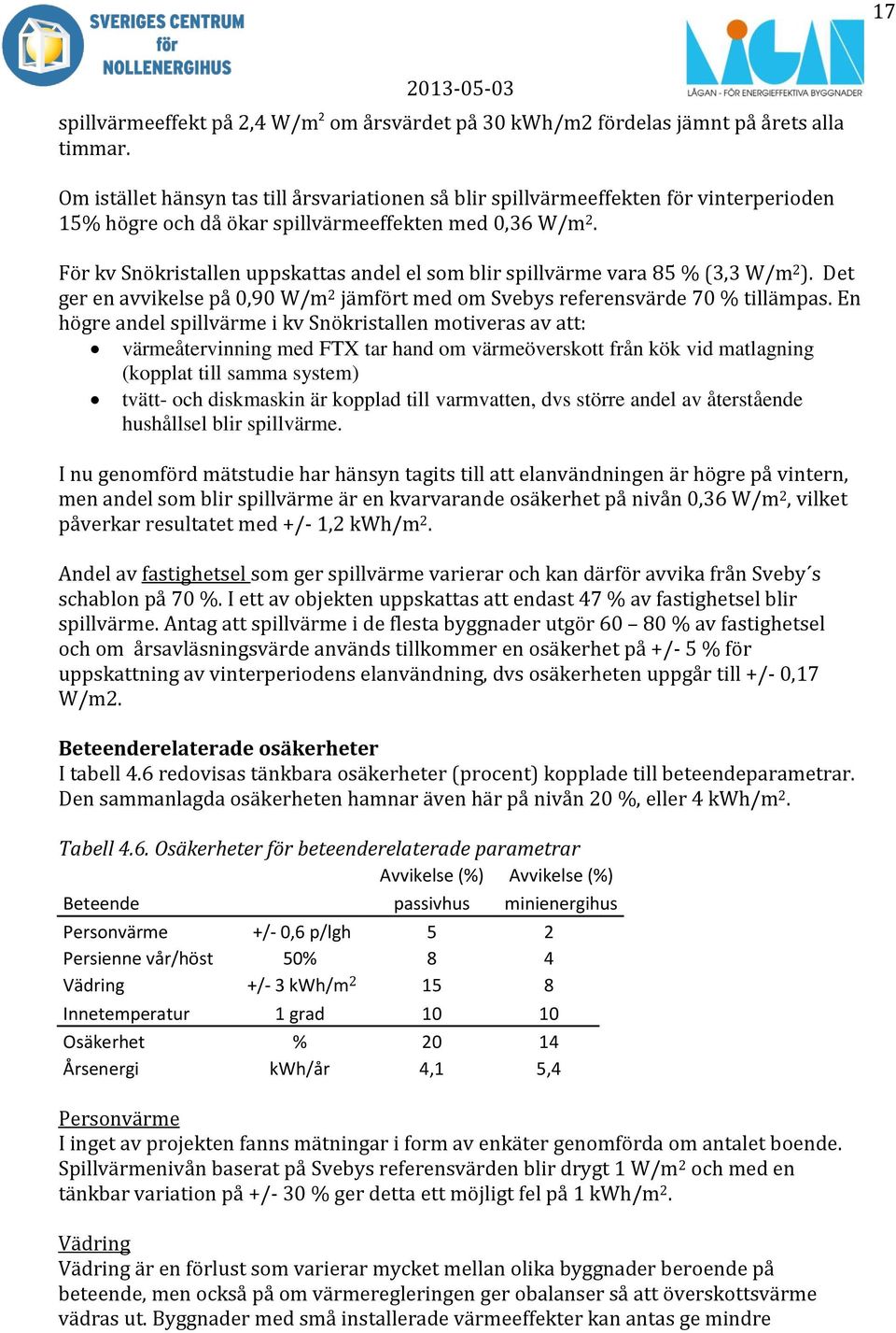 För kv Snökristallen uppskattas andel el som blir spillvärme vara 85 % (3,3 W/m 2 ). Det ger en avvikelse på 0,90 W/m 2 jämfört med om Svebys referensvärde 70 % tillämpas.