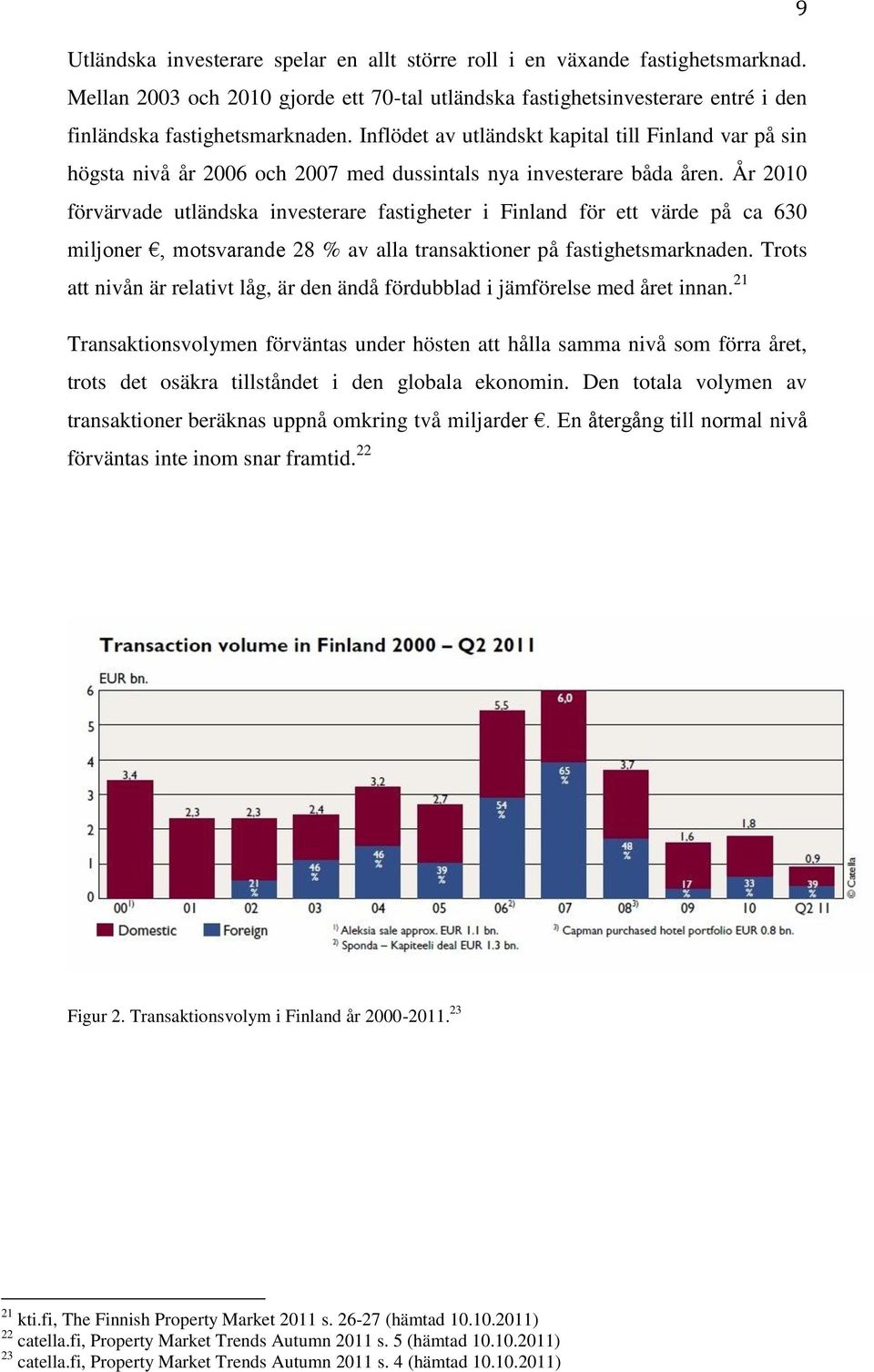 År 2010 förvärvade utländska investerare fastigheter i Finland för ett värde på ca 630 miljoner, motsvarande 28 % av alla transaktioner på fastighetsmarknaden.