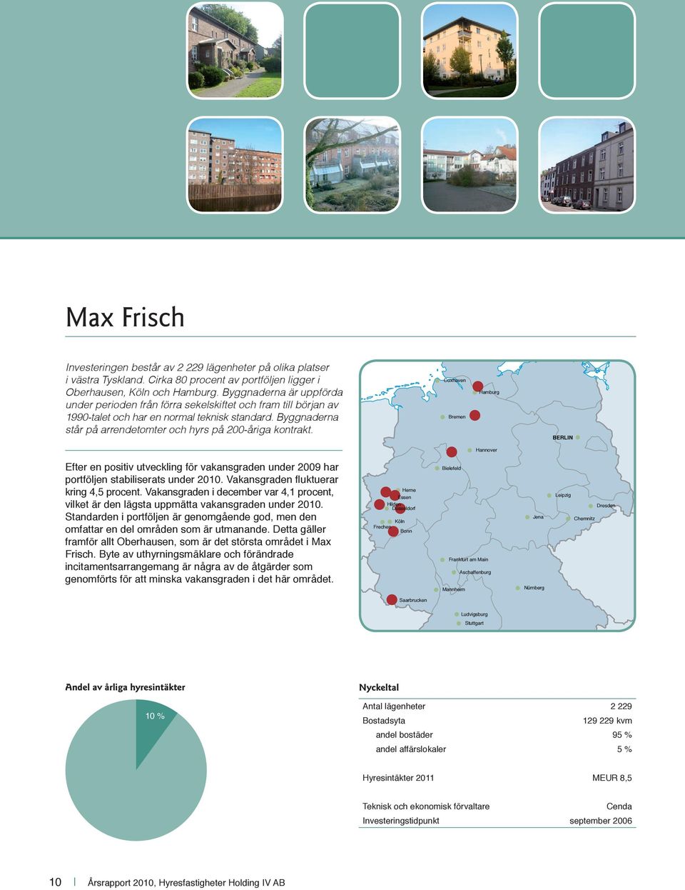 Cuxhaven Bremen Hamburg BERLIN Hannover Efter en positiv utveckling för vakansgraden under 2009 har portföljen stabiliserats under 2010. Vakansgraden fl uktuerar kring 4,5 procent.