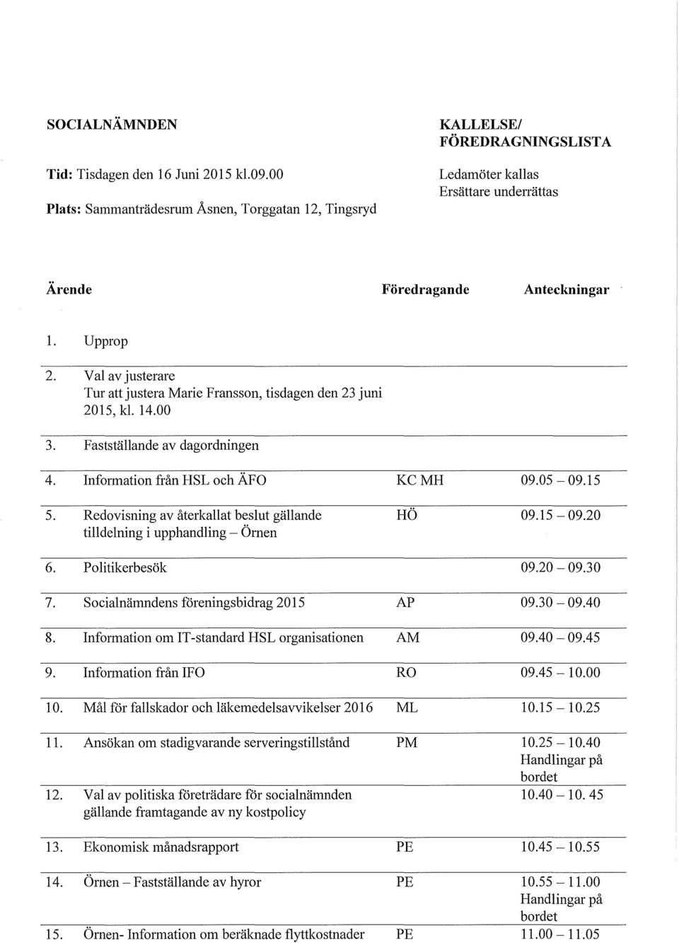 Val av justerare Tur att justera Marie Fransson, tisdagen den 23 juni 2015, kl. 14.00 3. Fastställande av dagordningen 4. Information från HSL och ÄFO KCMH 09.05-09.15 5.