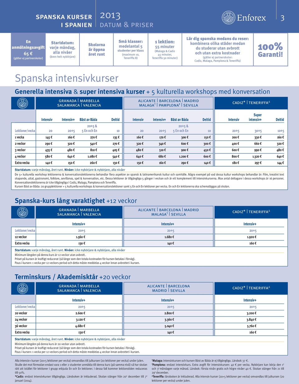 avbrott och utan extra kostnader (gäller ej partnerskolor: Cadiz, Malaga, Pamplona & Teneriffa) 100% Garanti!