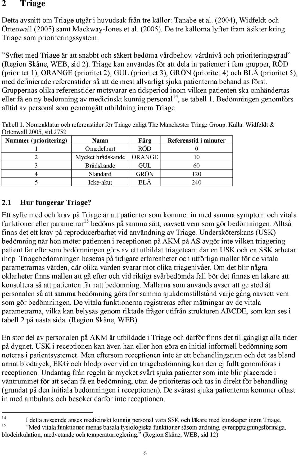 Triage kan användas för att dela in patienter i fem grupper, RÖD (prioritet 1), ORANGE (prioritet 2), GUL (prioritet 3), GRÖN (prioritet 4) och BLÅ (prioritet 5), med definierade referenstider så att