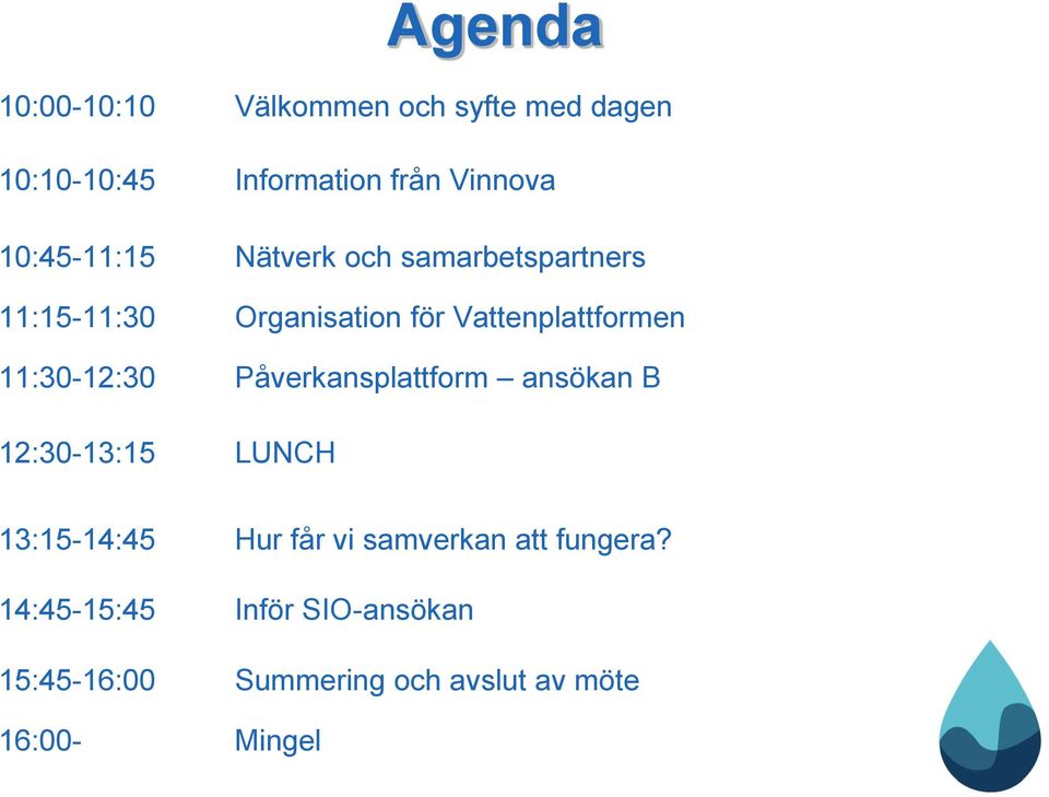 11:30-12:30 Påverkansplattform ansökan B 12:30-13:15 LUNCH 13:15-14:45 Hur får vi