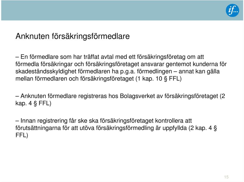 10 FFL) Anknuten förmedlare registreras hos Bolagsverket av försäkringsföretaget (2 kap.