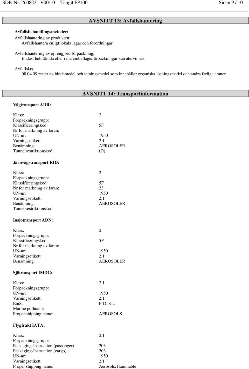 Avfallskod 08 04 09 rester av bindemedel och tätningsmedel som innehåller organiska lösningsmedel och andra farliga ämnen Vägtransport ADR: AVSNITT 14: Transportinformation Klass: 2