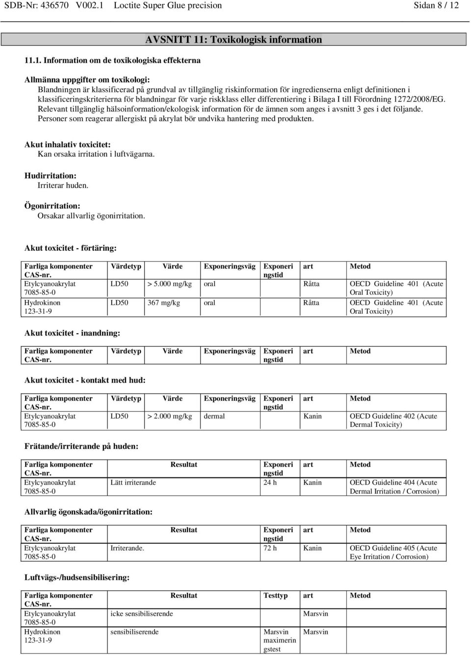 11.1. Information om de toxikologiska effekterna AVSNITT 11: Toxikologisk information Allmänna uppgifter om toxikologi: Blandningen är klassificerad på grundval av tillgänglig riskinformation för