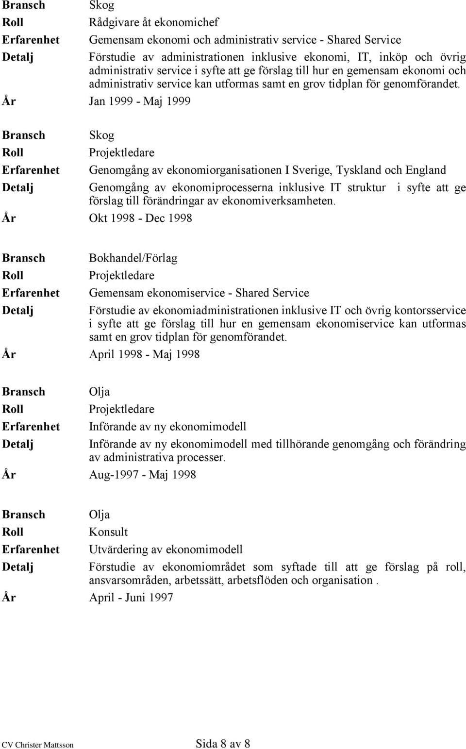 År Jan 1999 - Maj 1999 Skog Projektledare Genomgång av ekonomiorganisationen I Sverige, Tyskland och England Genomgång av ekonomiprocesserna inklusive IT struktur i syfte att ge förslag till
