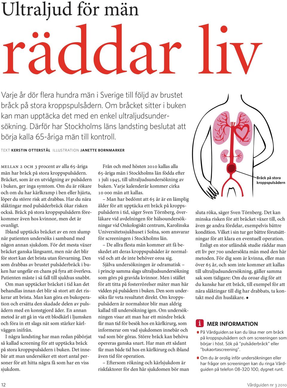 TEXT KERSTIN OTTERSTÅL ILLUSTRATION JANETTE BORNMARKER mellan 2 och 3 procent av alla 65-åriga män har bråck på stora kroppspulsådern.