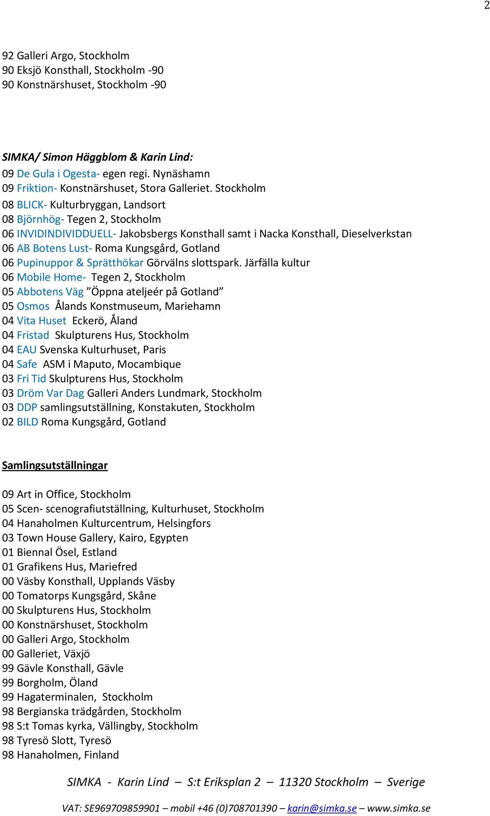 Stockholm 08 BLICK- Kulturbryggan, Landsort 08 Björnhög- Tegen 2, Stockholm 06 INVIDINDIVIDDUELL- Jakobsbergs Konsthall samt i Nacka Konsthall, Dieselverkstan 06 AB Botens Lust- Roma Kungsgård,