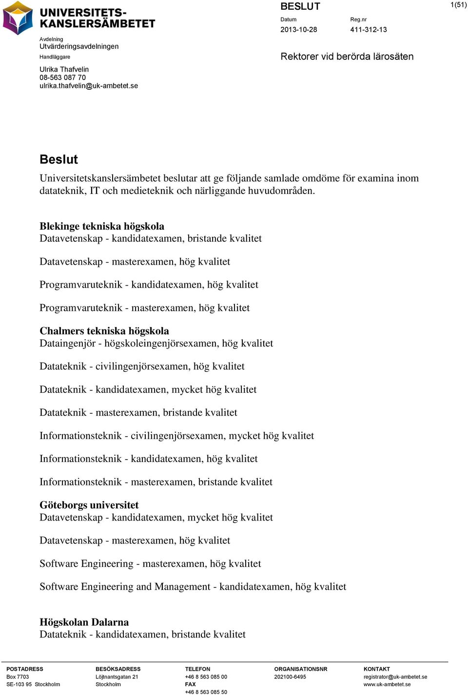 Blekinge tekniska högskola Datavetenskap - kandidatexamen, bristande kvalitet Datavetenskap - masterexamen, hög kvalitet Programvaruteknik - kandidatexamen, hög kvalitet Programvaruteknik -