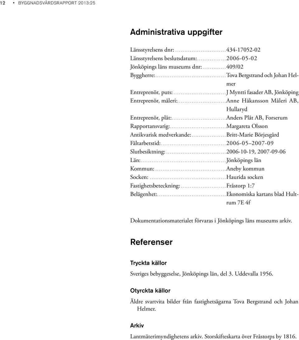 ..........................anne Håkansson Måleri AB, Hullaryd Entreprenör, plåt:..............................anders Plåt AB, Forserum Rapportansvarig:...............................Margareta Olsson Antikvarisk medverkande:.