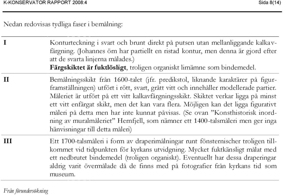 Bemålningsskikt från 1600-talet (jfr. predikstol, liknande karaktärer på figurframställningen) utfört i rött, svart, grått vitt och innehåller modellerade partier.