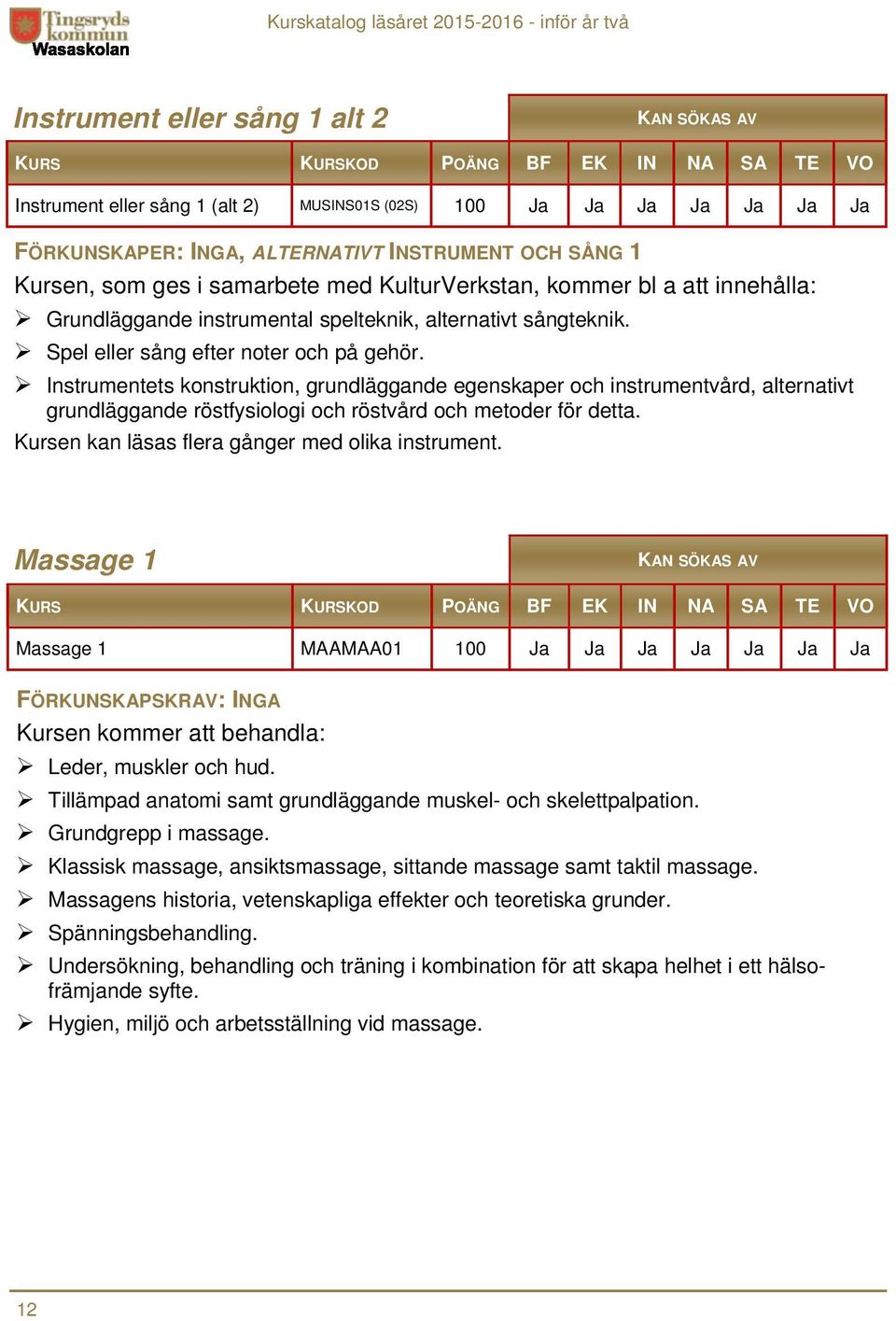 Spel eller sång efter noter och på gehör. Instrumentets konstruktion, grundläggande egenskaper och instrumentvård, alternativt grundläggande röstfysiologi och röstvård och metoder för detta.
