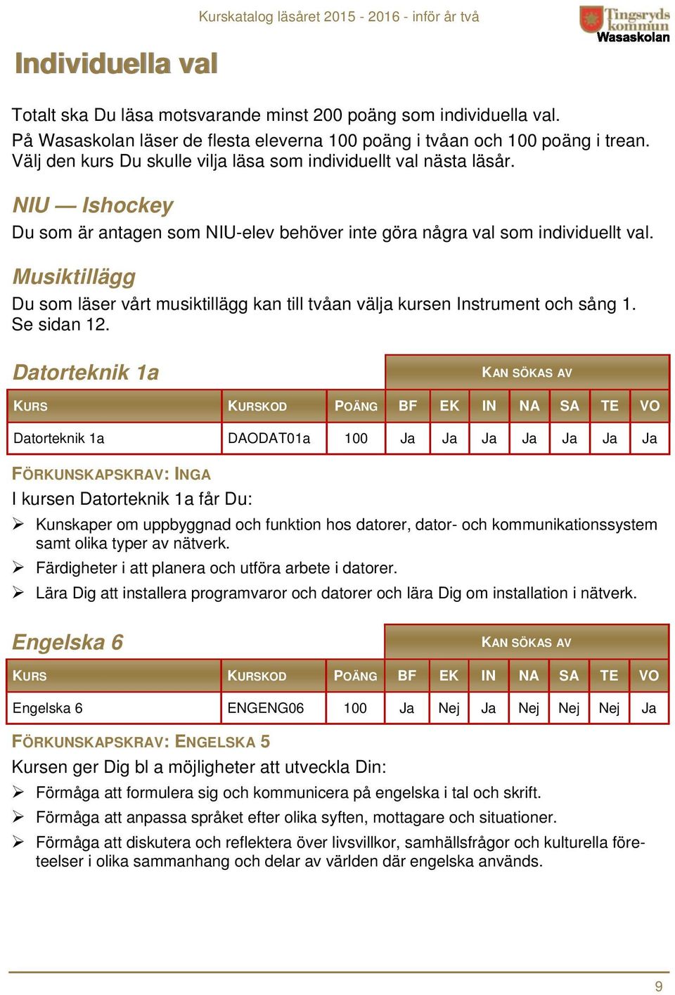 NIU Ishockey Du som är antagen som NIU-elev behöver inte göra några val som individuellt val. Musiktillägg Du som läser vårt musiktillägg kan till tvåan välja kursen Instrument och sång 1.