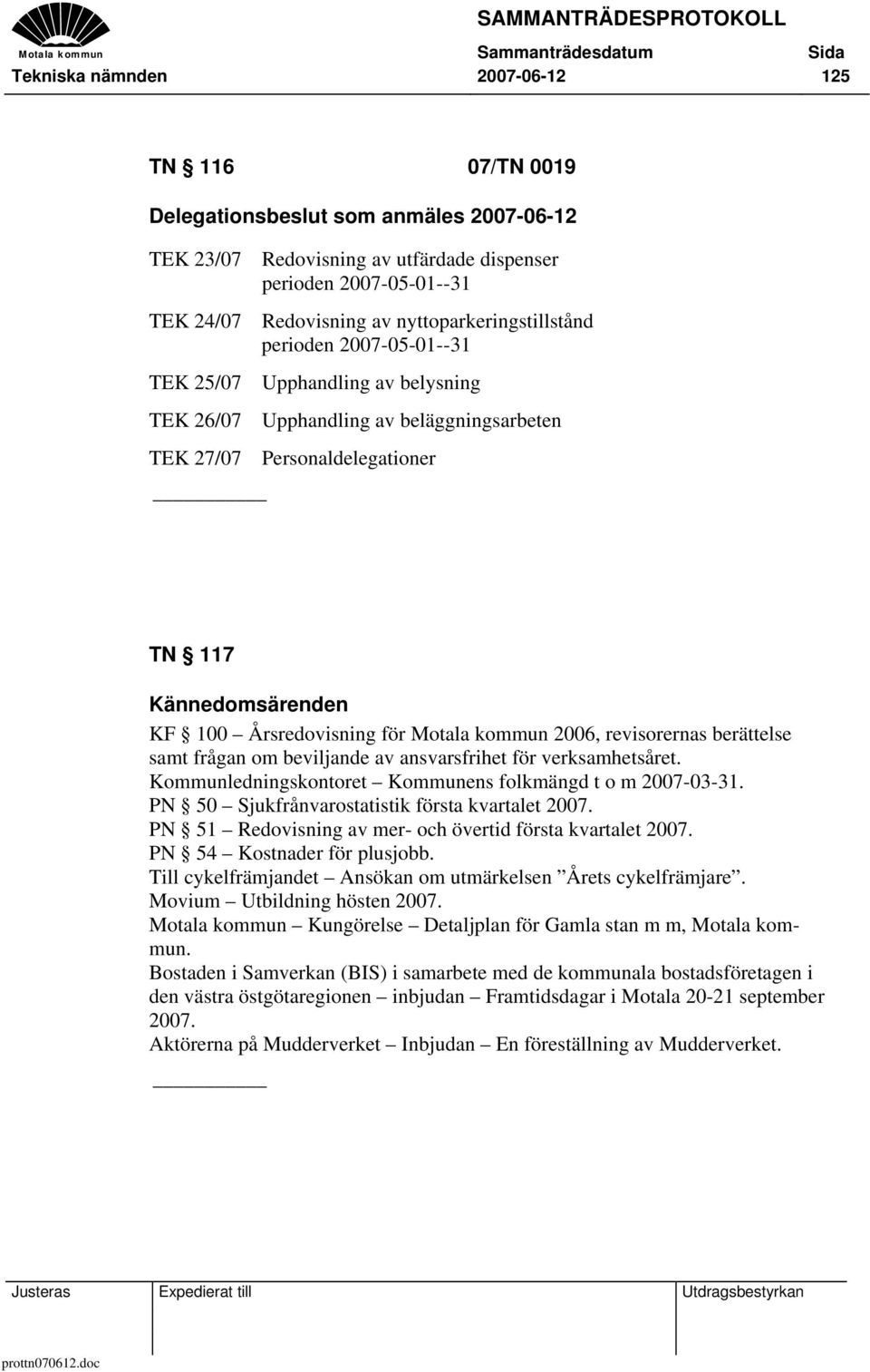 Årsredovisning för Motala kommun 2006, revisorernas berättelse samt frågan om beviljande av ansvarsfrihet för verksamhetsåret. Kommunledningskontoret Kommunens folkmängd t o m 2007-03-31.