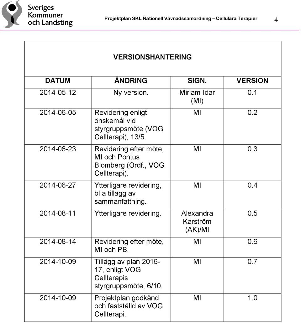 2014-06-23 Revidering efter möte, MI och Pontus Blomberg (Ordf., VOG Cellterapi). 2014-06-27 Ytterligare revidering, bl a tillägg av sammanfattning.