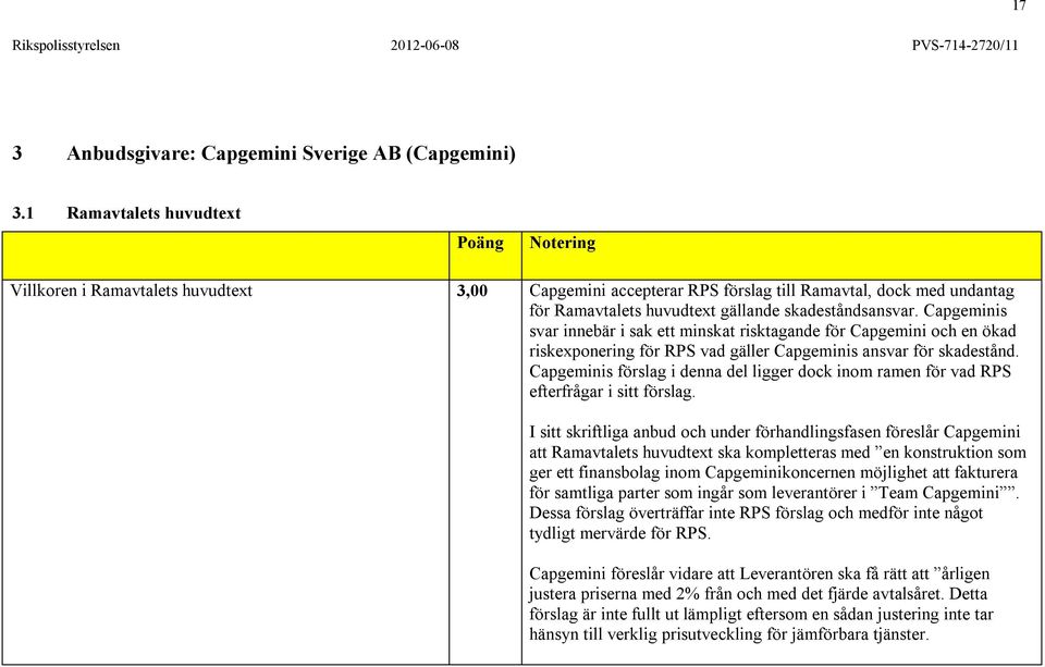 Capgeminis svar innebär i sak ett minskat risktagande för Capgemini och en ökad riskexponering för RPS vad gäller Capgeminis ansvar för skadestånd.