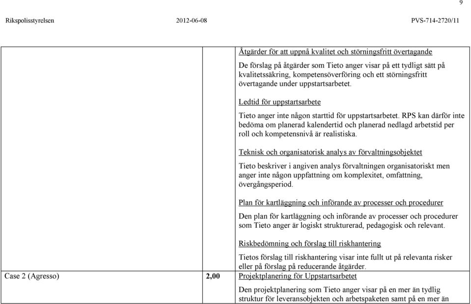 RPS kan därför inte bedöma om planerad kalendertid och planerad nedlagd arbetstid per roll och kompetensnivå är realistiska.