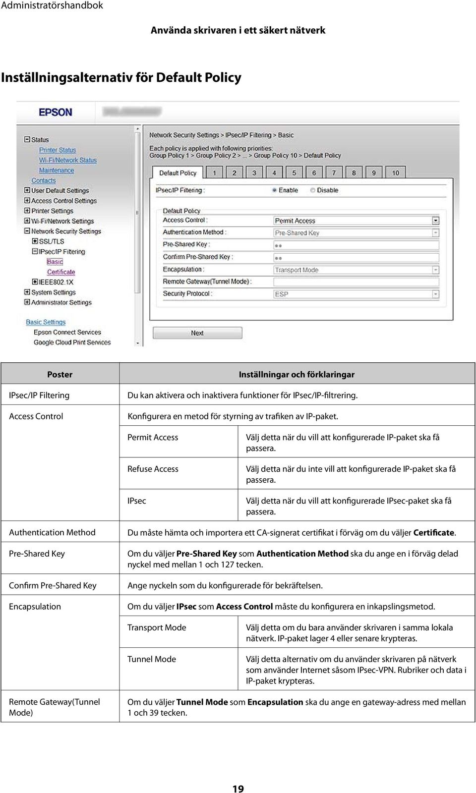 Välj detta när du inte vill att konfigurerade IP-paket ska få passera. Välj detta när du vill att konfigurerade IPsec-paket ska få passera.