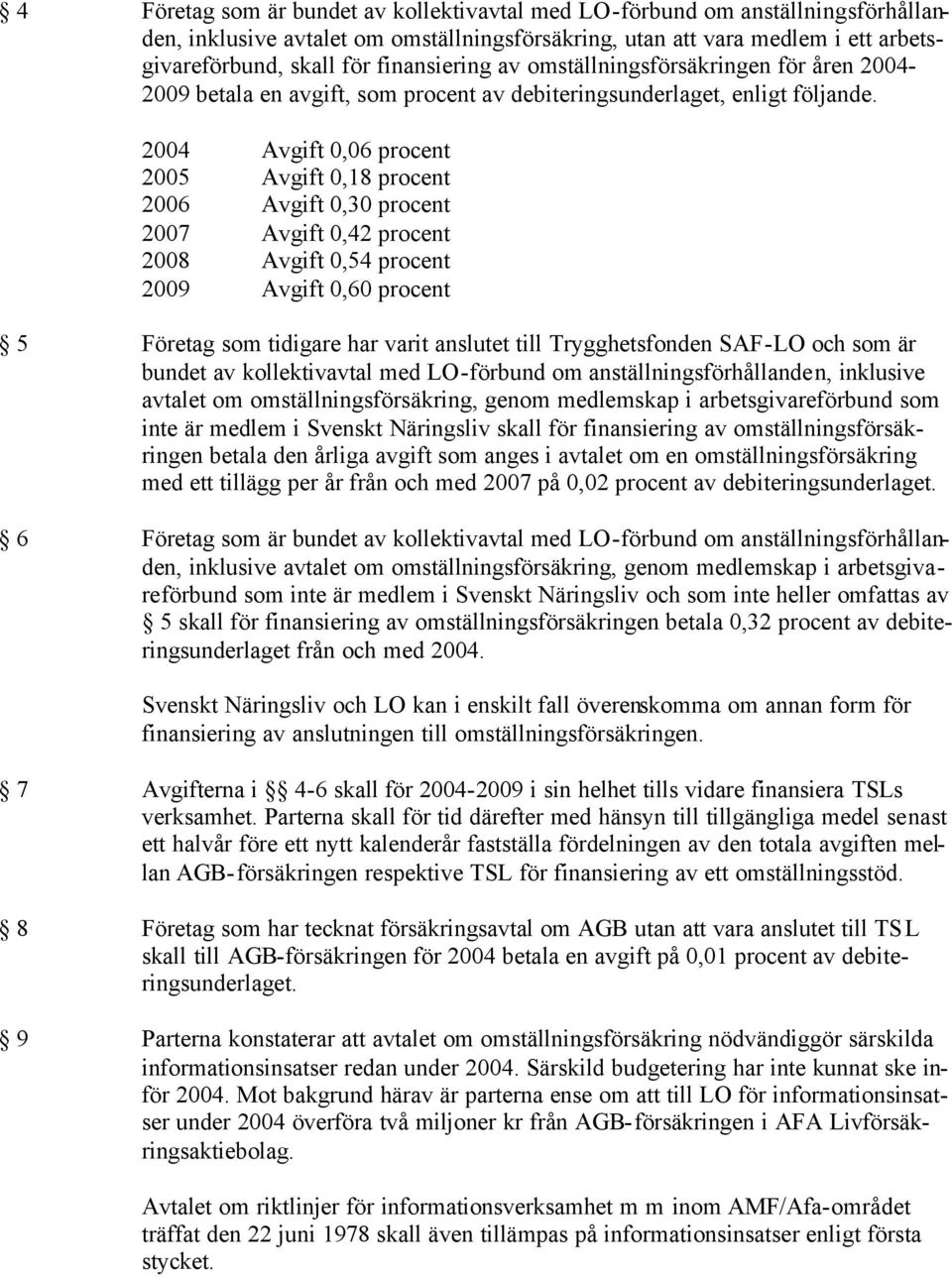 2004 Avgift 0,06 procent 2005 Avgift 0,18 procent 2006 Avgift 0,30 procent 2007 Avgift 0,42 procent 2008 Avgift 0,54 procent 2009 Avgift 0,60 procent 5 Företag som tidigare har varit anslutet till