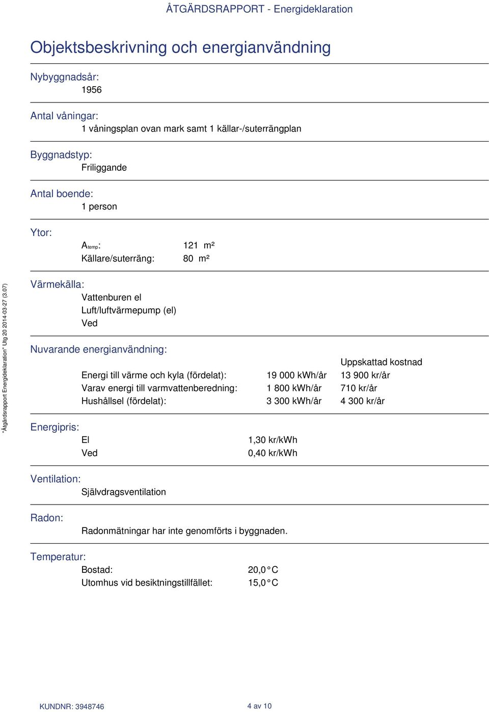 (fördelat): 19 000 kwh/år 13 900 kr/år Varav energi till varmvattenberedning: 1 800 kwh/år 710 kr/år Hushållsel (fördelat): 3 300 kwh/år 4 300 kr/år Energipris: El Ved 1,30 kr/kwh