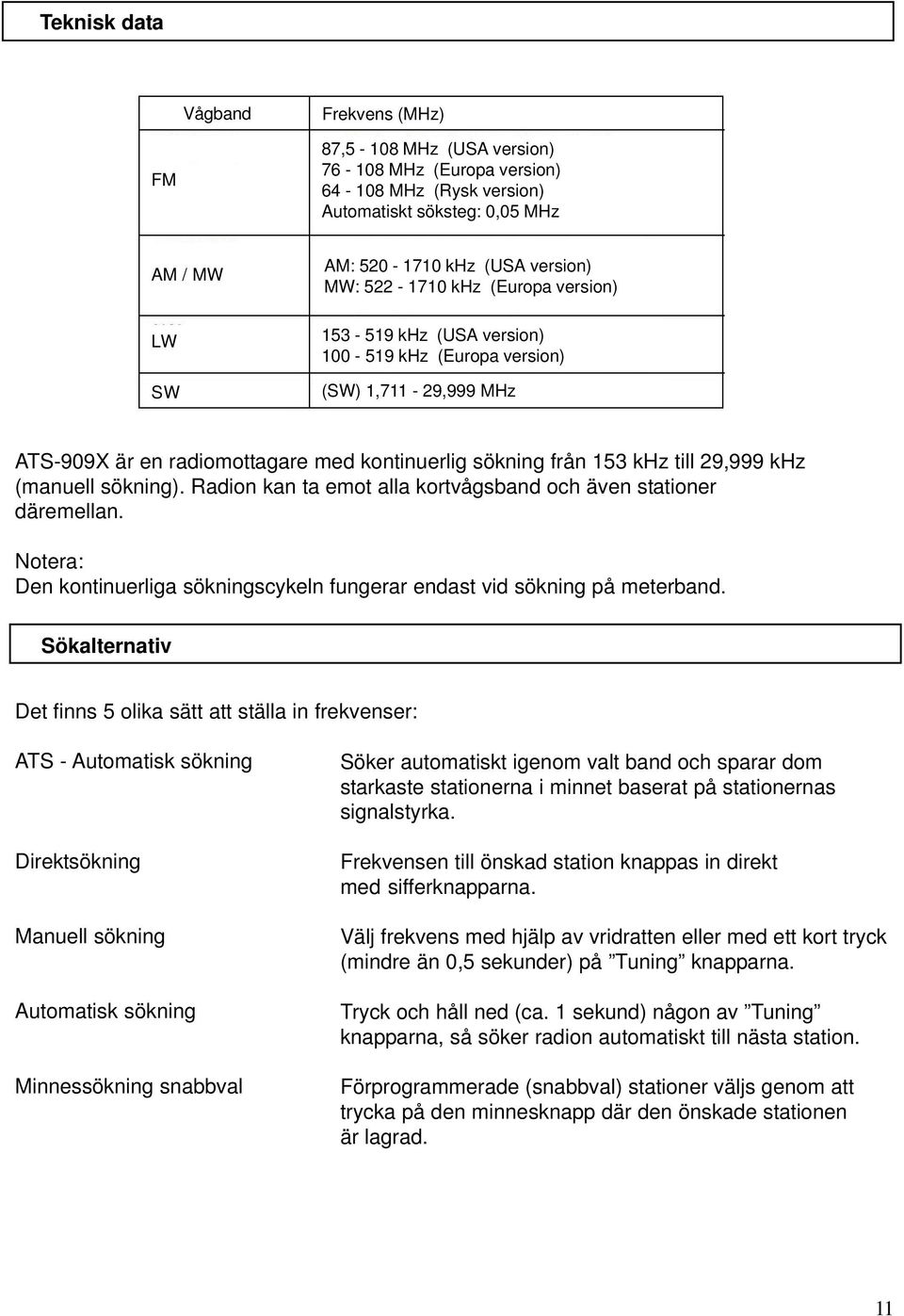 sökning). Radion kan ta emot alla kortvågsband och även stationer däremellan. Notera: Den kontinuerliga sökningscykeln fungerar endast vid sökning på meterband.