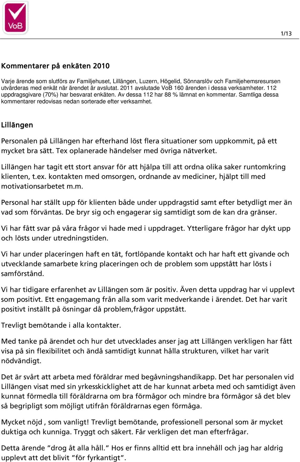 Samtliga dessa kommentarer redovisas nedan sorterade efter verksamhet. Lillängen Personalen på Lillängen har efterhand löst flera situationer som uppkommit, på ett mycket bra sätt.